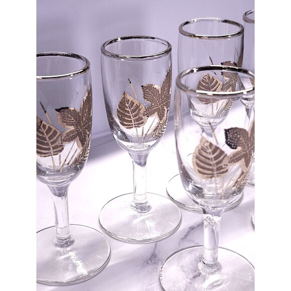 Set Of 6 Vintage Mid-Century Modern Gold Leaf Pattern Cordial Glasses - Picture 5 of 14